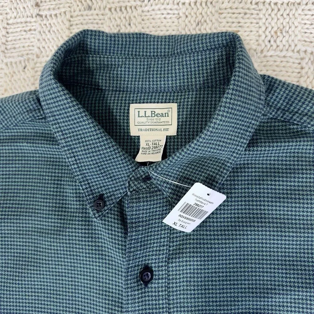NWT LL Bean Wicked Good Flannel Shirt XL Tall Green Houndstooth Traditional Fit - Picture 5 of 10
